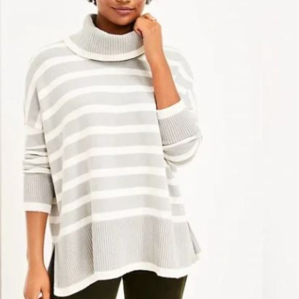 NWT Loft Striped Turtleneck Cotton Knit Oversized Poncho Sweater White Gray